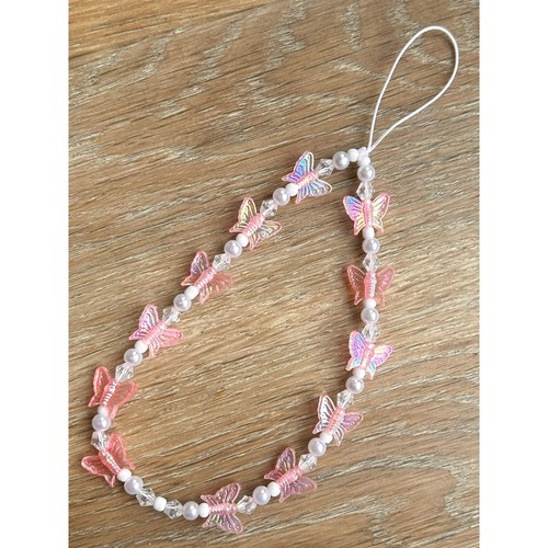 Iridescent Pink Butterflies Beaded Phone Charm Strap with pearls - 第 3/6 張圖片