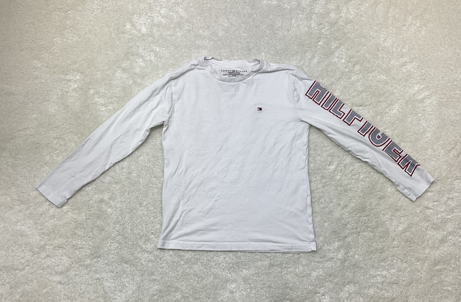 Tommy Hilfiger Youth Boys Size M 12/14 Long Sleeve Crew Neck White T-Shirt Logo