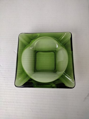 Vintage MCM Square Emerald Green Glass Ashtray 5 1/2" Diameter Very Heavy & nice
