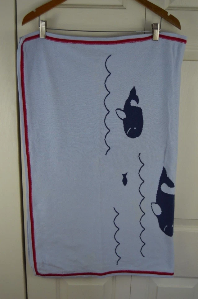 Pottery Barn Kids Whale Baby Blanket Knit Blue Red Reversible Fish Sea Life - Image 2 of 4