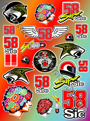 Marco Simoncelli 58 Super Sic decals set 9.1x12.2 in sheet 20 stickers motogp