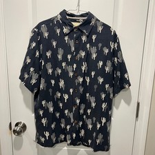 Island Republic Men Silk Cactus Print Short Sleeve Button Down Shirt Navy Blue M