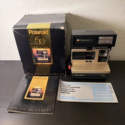 Polaroid Sun 600 SE Camera 50th Anniversary Gold Black 80s Instant Film W/ Box
