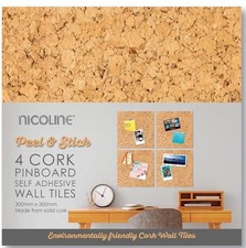 Nicoline Self Adhesive Cork Pin Board Tiles 4 Pack Noticeboard - 30cm x 30cm