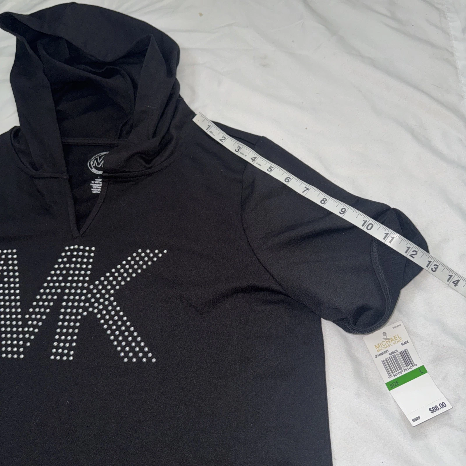 T shirt Michael Kors MK logo maglietta Bling felpa con cappuccio nera taglia L donna #874