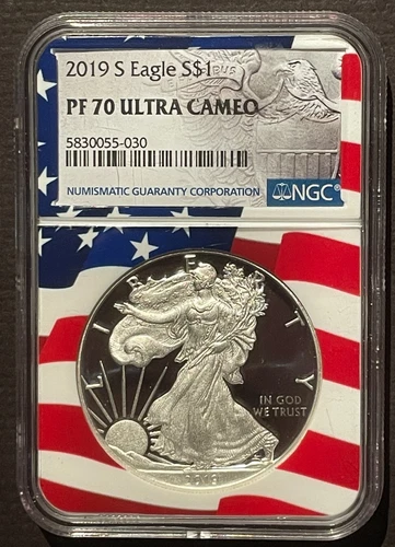 2019-S $1 SILVER AMERICAN EAGLE NGC PF70 American Flag Holder : 07527