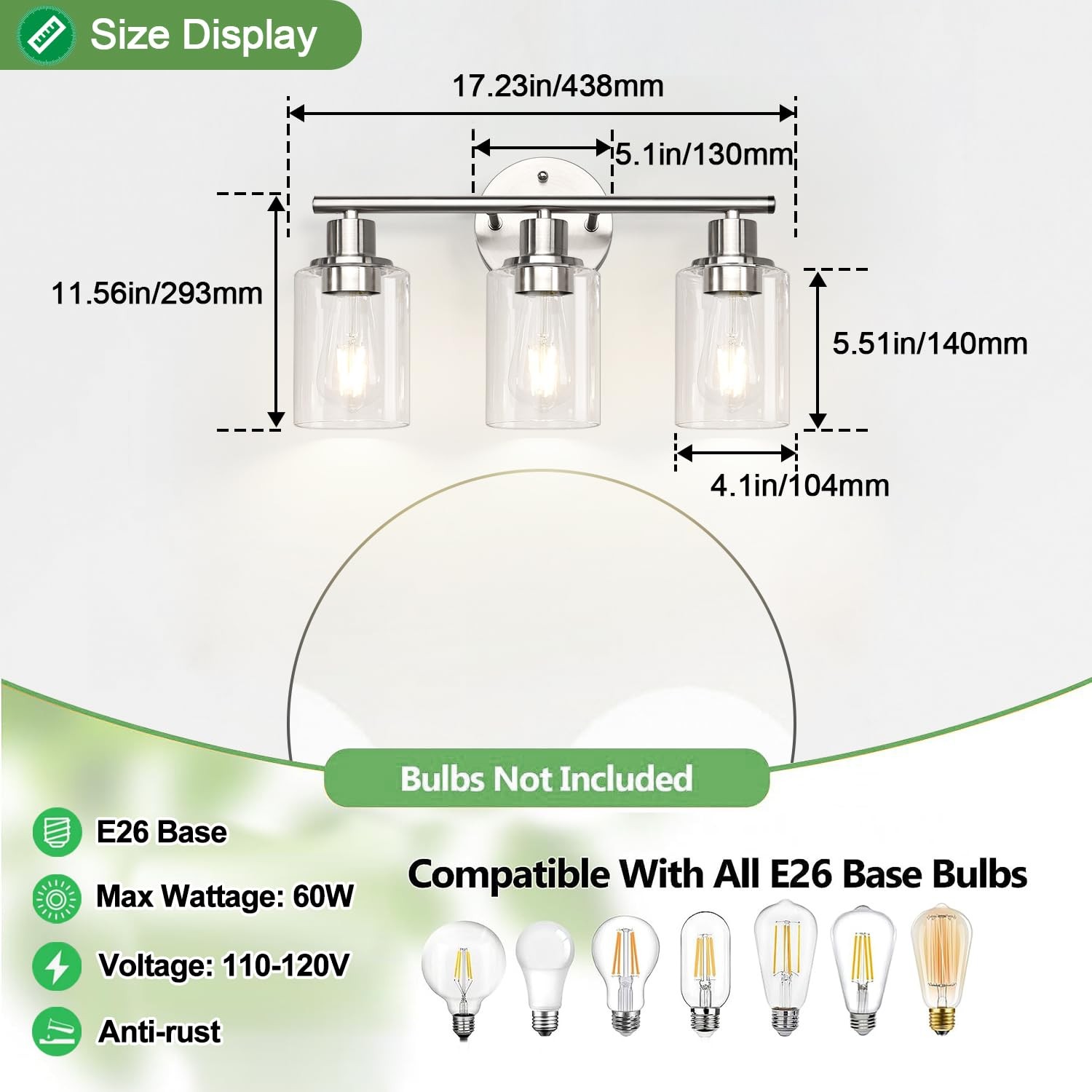 3-Light Bathroom Light Fixtures, Brushed Nickel Vanity Light, Farmhouse Wall ...