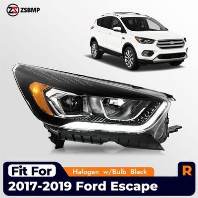 Halogen Headlight For 2017-2019 Ford Escape Black w/LED DRL w/Bulb Right Side