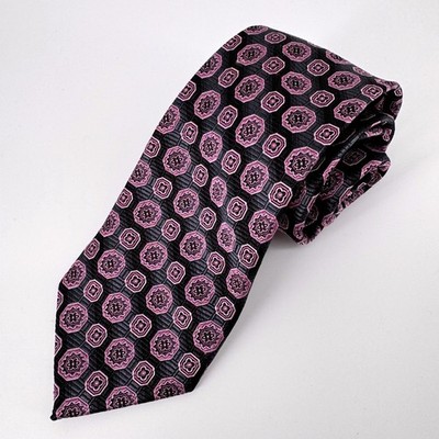 Bruno Piattelli Roma Tie Men 60'' Black Purple Silk Geometric Medallion Hand Made