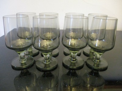Set 8 Orrefors Simon Gate Art Deco MCM Olive Crystal Hand Blown 4 Oz Goblet Stem