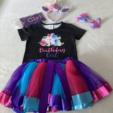 Birthday Girls Outfit Unicorn Multi Sz 3-4 Tutu T-shirt Headband Bow Banner NEW