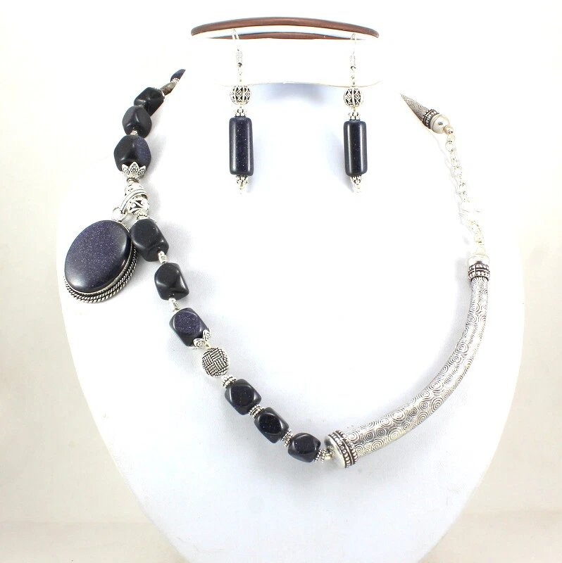 Collar Colgante Pendientes Piedras Preciosas Azules Naturales Piedras Preciosas Hecho a Mano Joyería con Cuentas Foto 3 de 4