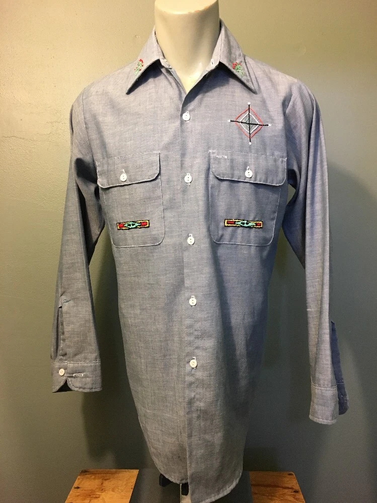 Vtg 70s 80s Penneys Cotton Blend Chambray Work Shirt Mens S Hippy