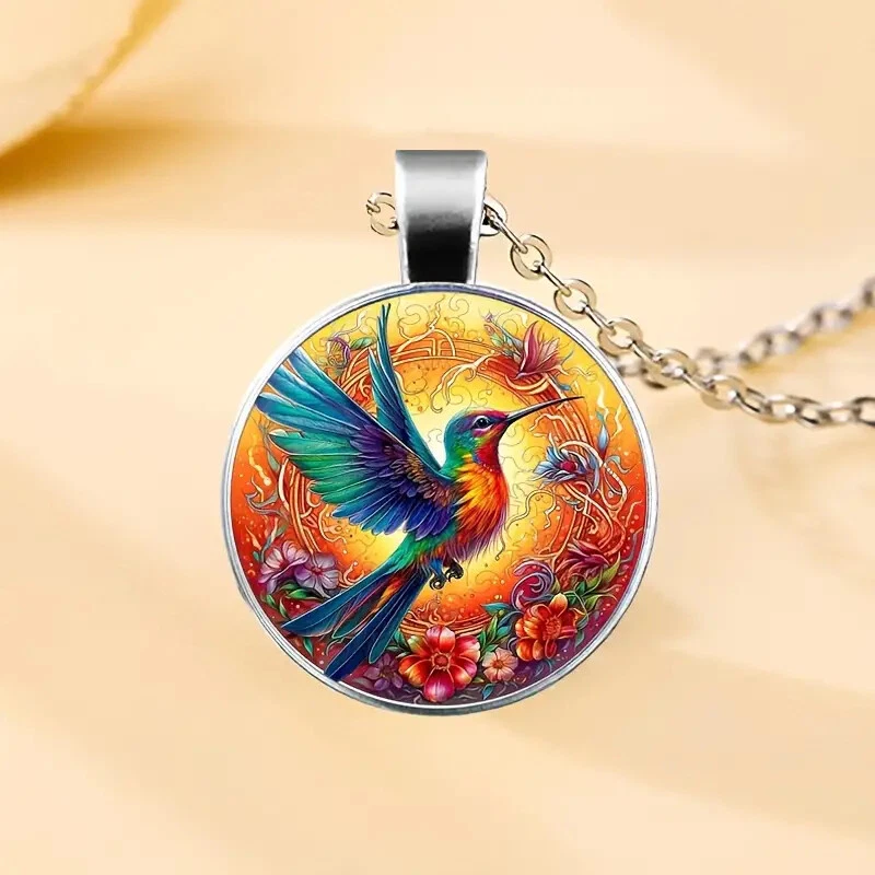 New Lucky Kingfisher Pattern Round Pendant Necklace Bohemian Style Jewelry image 1
