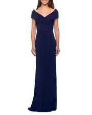 La Femme Navy Blue Ruched Off The Shoulder Jersey Column Gown Size 16 348