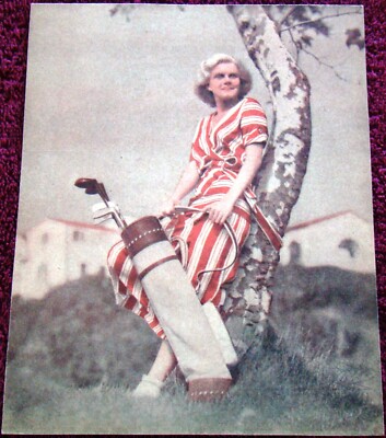 JEAN HARLOW mounted PHOTO - not a magazine - with golf clubs (1930's); cut perft