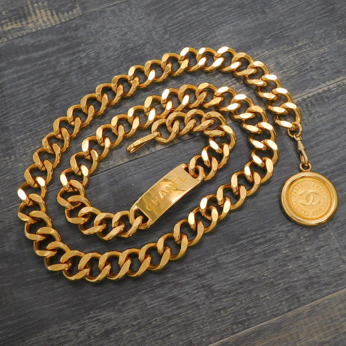 CHANEL Gold Plated CC Logos Medal Charm Vintage Chain Belt #193c