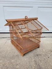 Vintage Bamboo Bird Cage House Style Hanging Decorative Cage Rustic Boho 14"