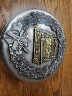 Vintage Rocky Mountain Chocolate Factory Brass & Pewter 5'' Christmas Wreath Tin
