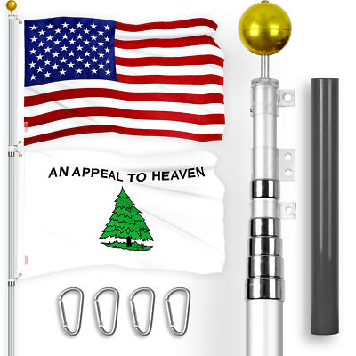 25Ft Telescoping Flagpole SV & USA and An Appeal To Heaven Flags Emb 300D 3x5Ft