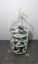 Vintage Round White Metal Pie/Cupcake Tiered Display Plant Stand Glass Shelf