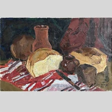 Old OIL Hand PAINTING/The Rye Bread and Two Pots/ Still life USSR Realism SIGNED