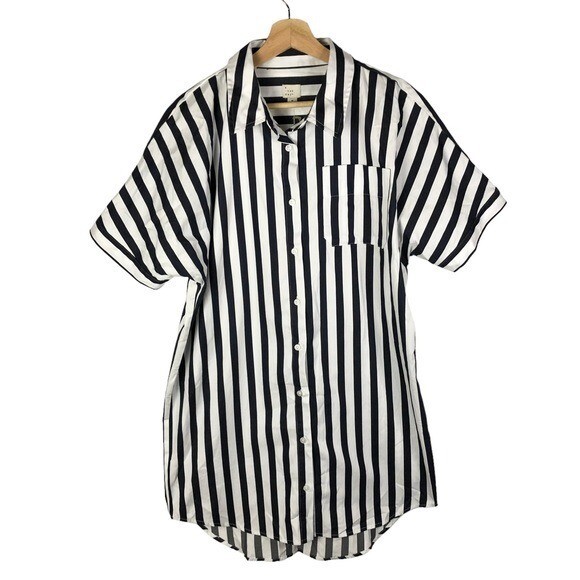 RoseSeek Women's Striped Button-Front Mini T-Shirt Dress - Short Sleeve, Crewneck, With Pockets - 2024 Summer Casual Dress
