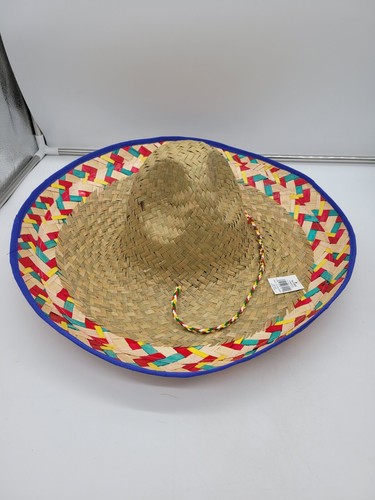 18" Mexican Multi Color Adult Mexican Sombrero BLUE Boarder Straw Hat Parties
