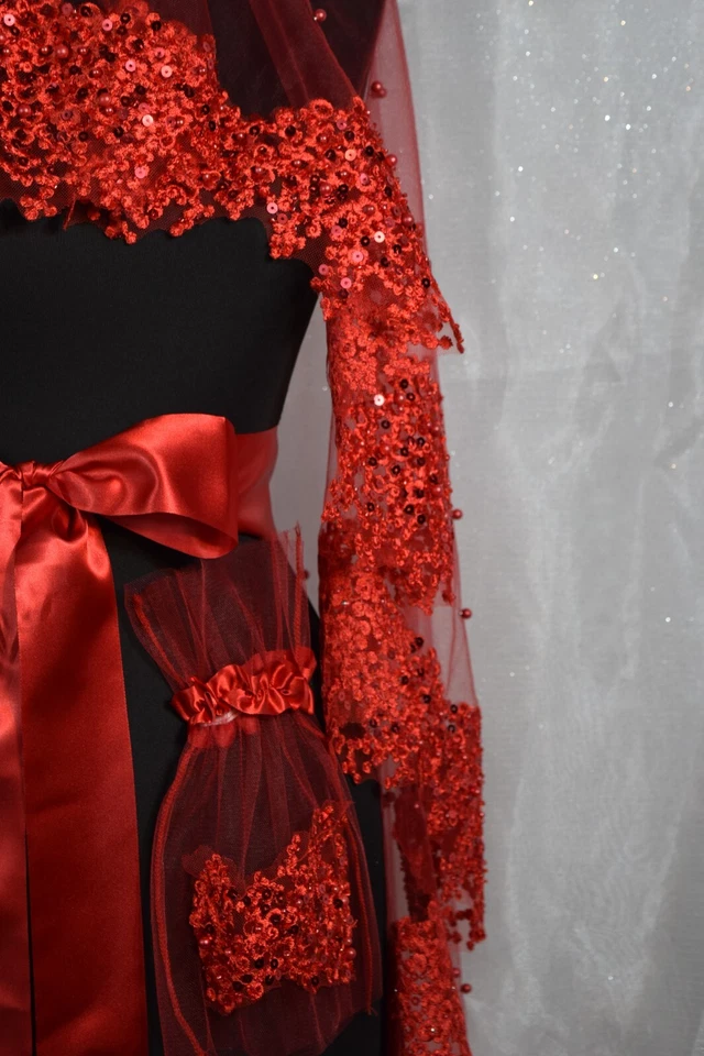 红色新娘面纱套装,珍珠和 Guipure 刺绣串珠雏菊海娜面纱 4 件套 — 第 4/4 张图片