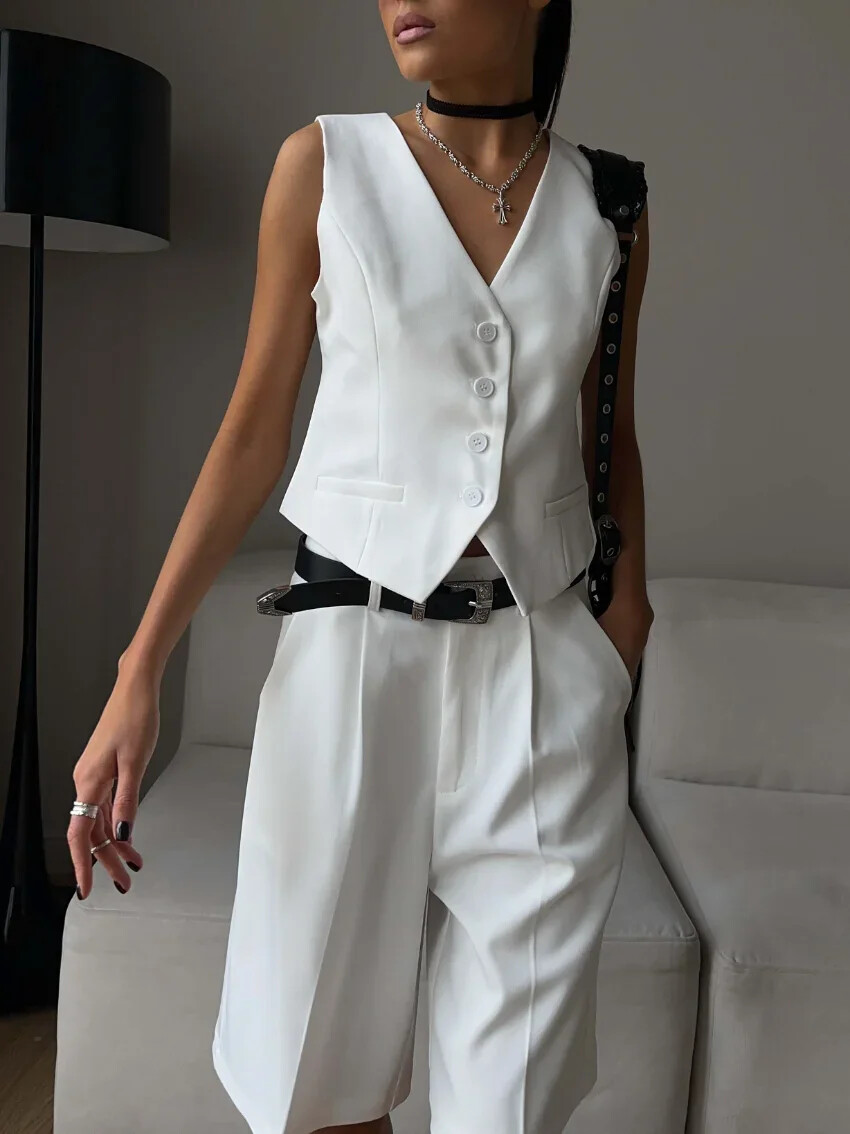 Women V-Neck Single-Breasted Vest Shorts Suit Set Office