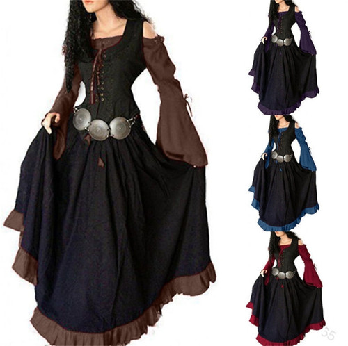 Medieval Con cordones Mujeres Renacimiento Gótico Vestido Bruja Disfraz Vestido Elegante Cos