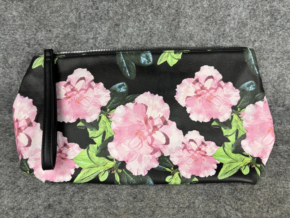 Bolsa de Maquillaje Cosmético Floral Betsey Johnson Bolsa Negra Rosa Cremallera Corazón Logo Viaje Foto 3 de 4