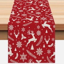 Red Christmas Reindeer Table Runner 13x72 Inch Pine Branches Snowflakes Winter K