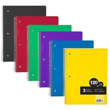Bazic Spiral Notebook 3-Subject 10-1/2"X8" Asst Colors 120 Sheets School Office