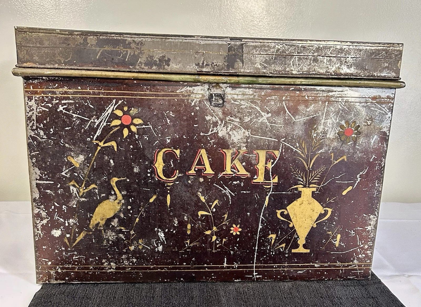 Vintage Toleware Metal Bread Box Cake Box Birds Trophy