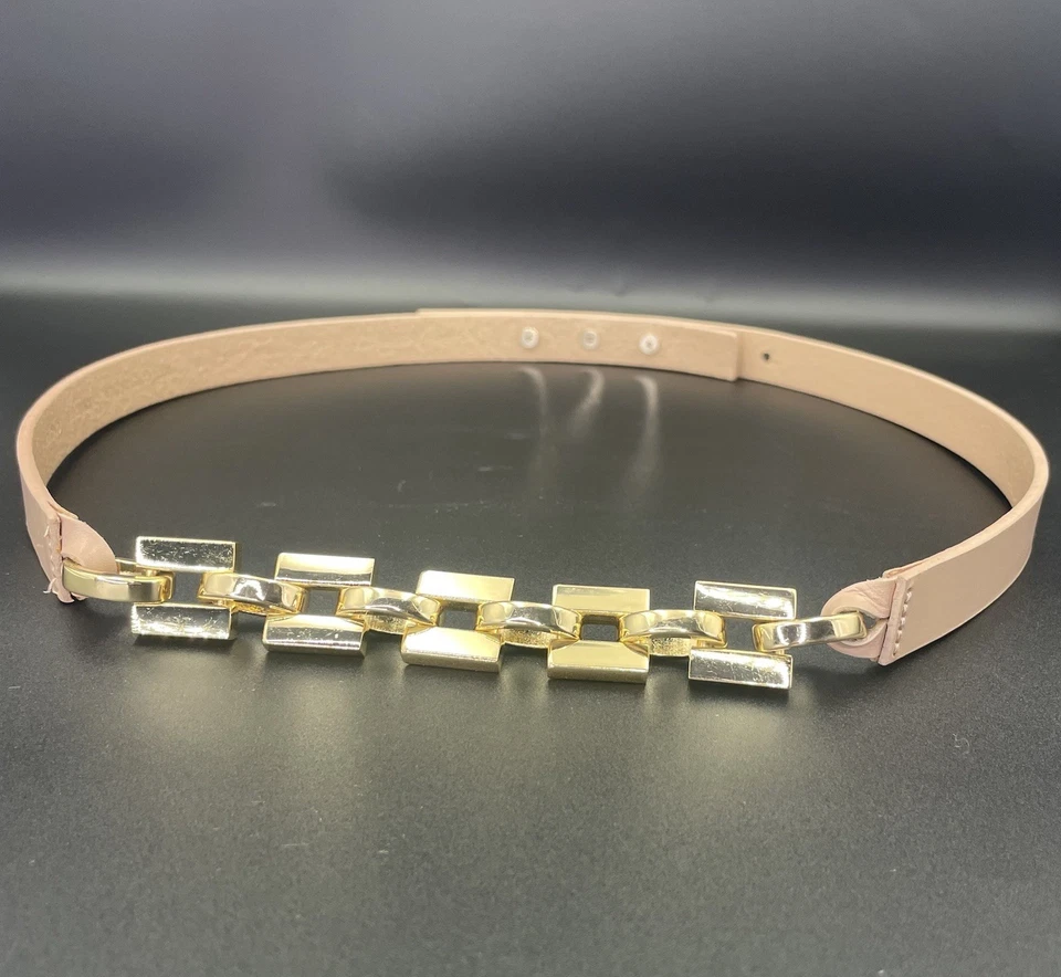 Cinturón vintage de cuero Ann Taylor ~ cadena beige/dorada-hebilla de pasador medio Foto 3 de 4