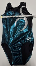 GK Elite Sportswear Gymnastics Dance Leotard Teal Black Silver Child Large EUC