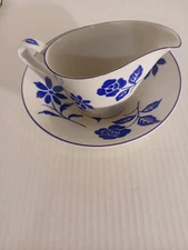 Amcrest Blue China Creamer Or Gravy  With Plate