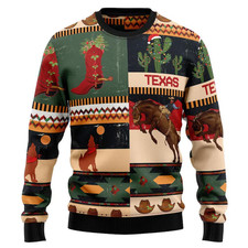 Texas Ugly Christmas Sweater Cowboy Rodeo Patchwork Checkerboard Unisex Jumper