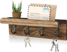 Rustic Key Holder for Wall, Farmhouse Wall Shelf with 4 Hooks, Wall Mounted Key