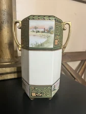 Nippon Two Handled Hexagonal Hand-painted Porcelain Vase Circa 1920s