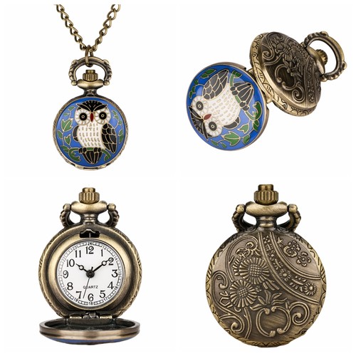 Collana catena orologio da tasca analogico quarzo steampunk design gufo stile vintage - Foto 23 di 29