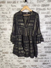 ELAN Clara Dress Medium Black Gold Metallic Tiered Bell Sleeves Pockets Glam