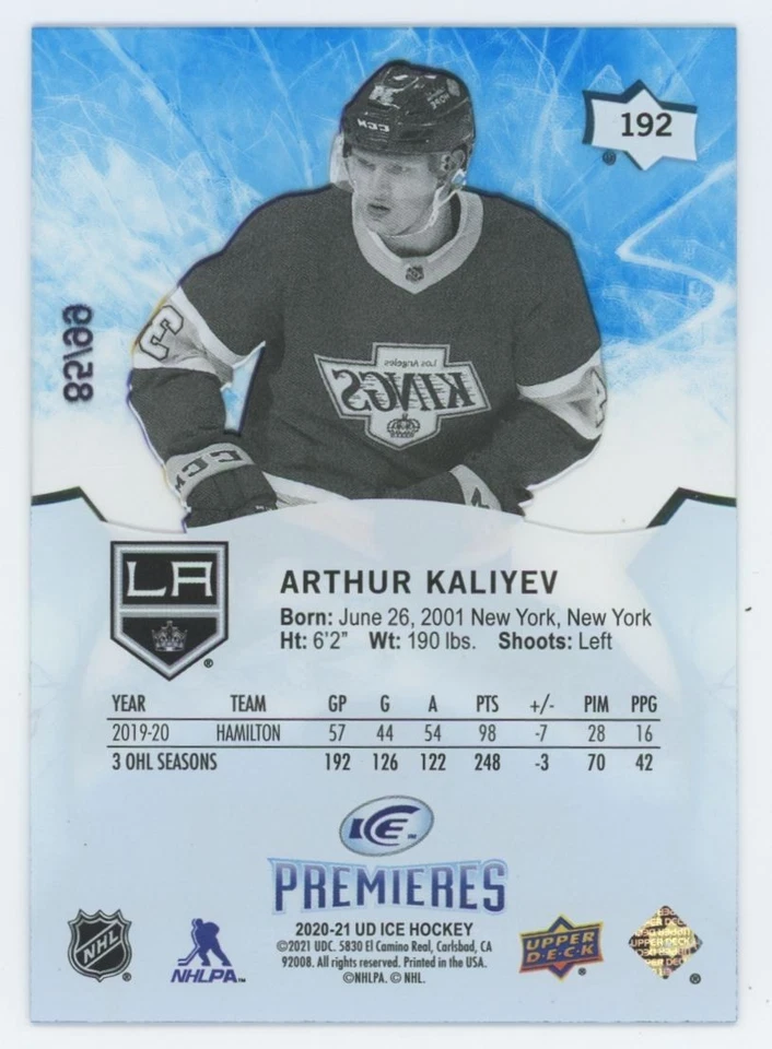 2020-21 UPPER DECK ICE Arthur Kaliyev ICE PREMIERES RC ROOKIE LEVEL 1 /99 - Image 2 of 2