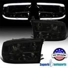 Fit 2009-2018 Dodge Ram 1500 2500 3500 Smoke Headlights LED Strip Quad Head Lamp