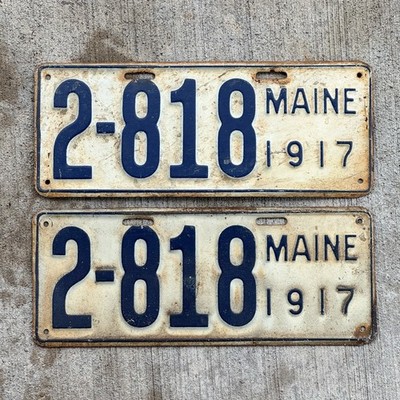1917 Maine License Plate Pair Vintage Auto Tag Low Number Four Digit 2 818