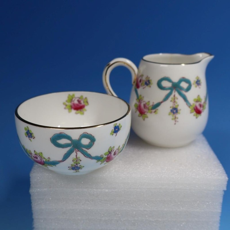 Crown Staffordshire China - Blue Bow Ribbons - Creamer and Open Sugar Bowl