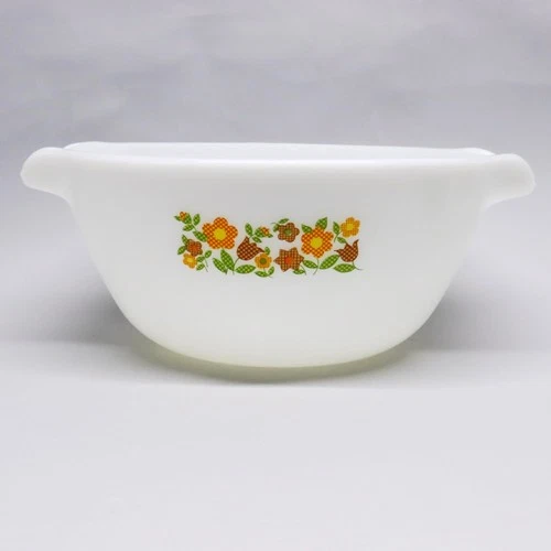 Vintage Anchor Hocking Fire King Gingham Floral Mixing Bowl 10"x11.5" Milk Glass