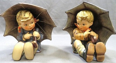 Two Goebel Hummel Figurines, Umbrella Boy #152A and Girl #152B. 5'' Tall.