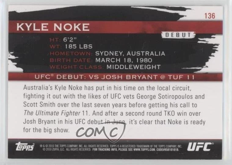 2010 Topps UFC Knockout Silver /188 Kyle Noke #136 Rookie RC - Image 2 of 2